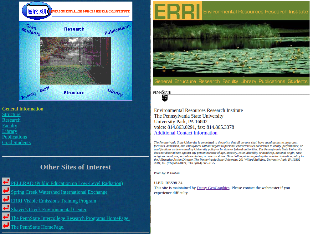 Screenshots of the ERRI website in 1996 and 1998