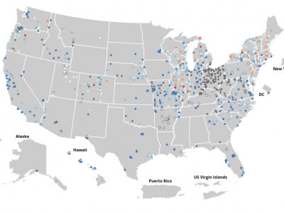 A map of the United States showing COVID-19 wastewater testing sites