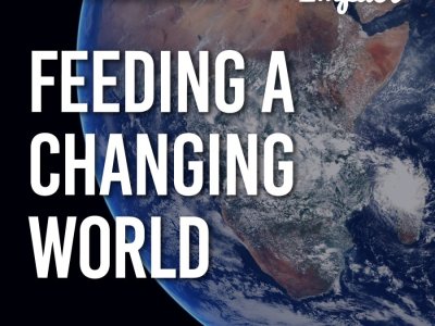 Penn State Institute of Energy and the Environment and Growing Impact logo, with the title "Feeding a changing World" with a background of Earth from space focusing on the African continent